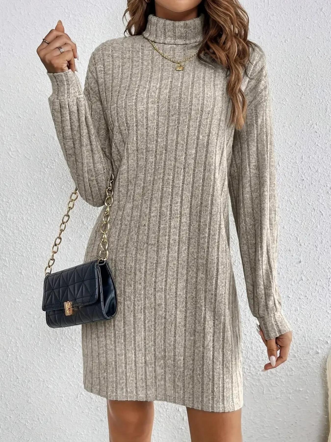 Fall Women's Plain Ribbed Sweater Dress without Necklace, Casual Turtle Neck Drop Shoulder Long Sleeve Knitwear Dress for Fall & Winter, Fall Dresses, Women's Knit Clothes for Daily Outdoor Wear