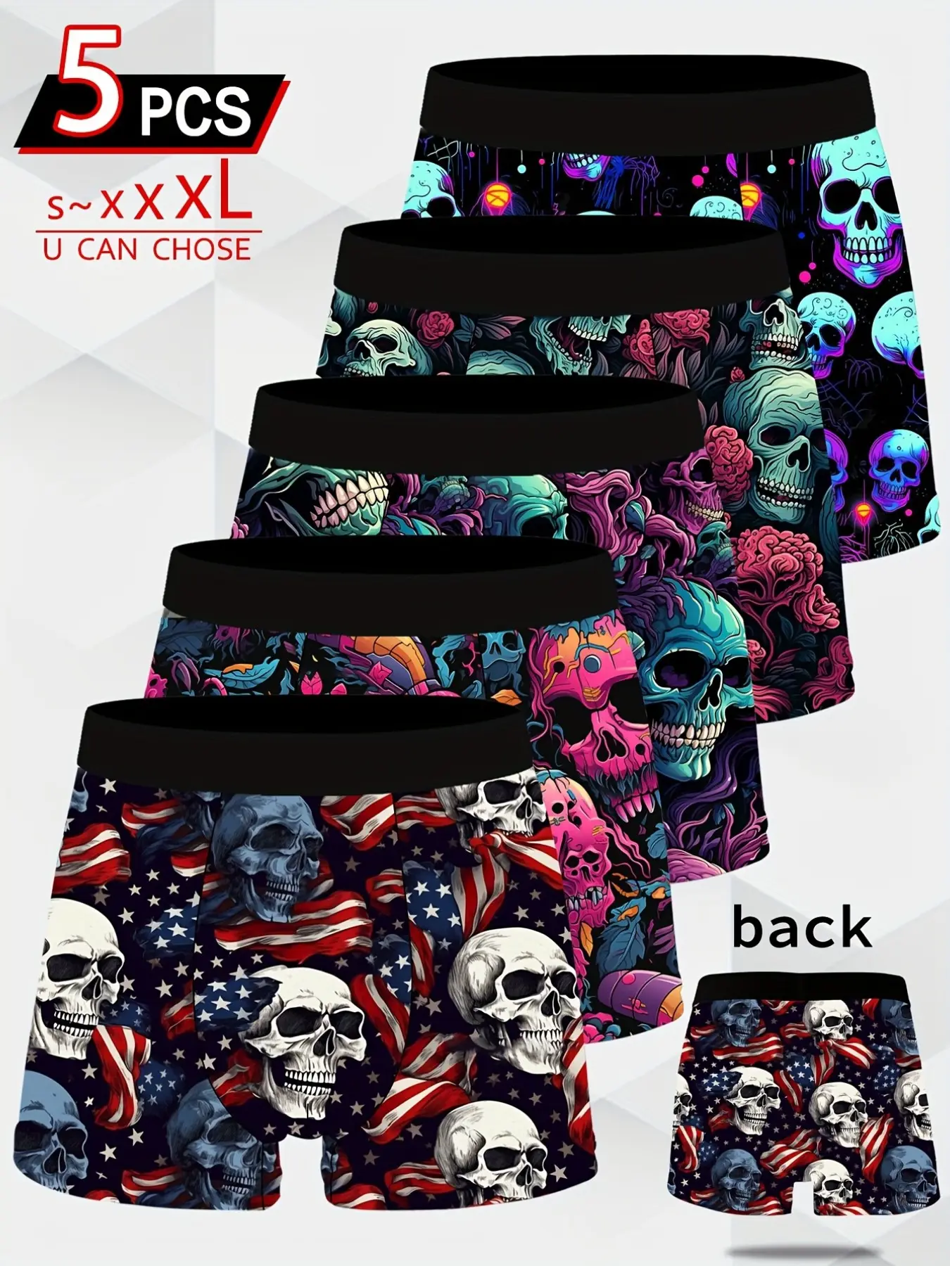 Men's Fun Briefs 5-Pack, Skull Print, Stretch Polyester, Elastic Waist, Quick-Dry Breathable Underwear, Soft Comfort for Daily Wear