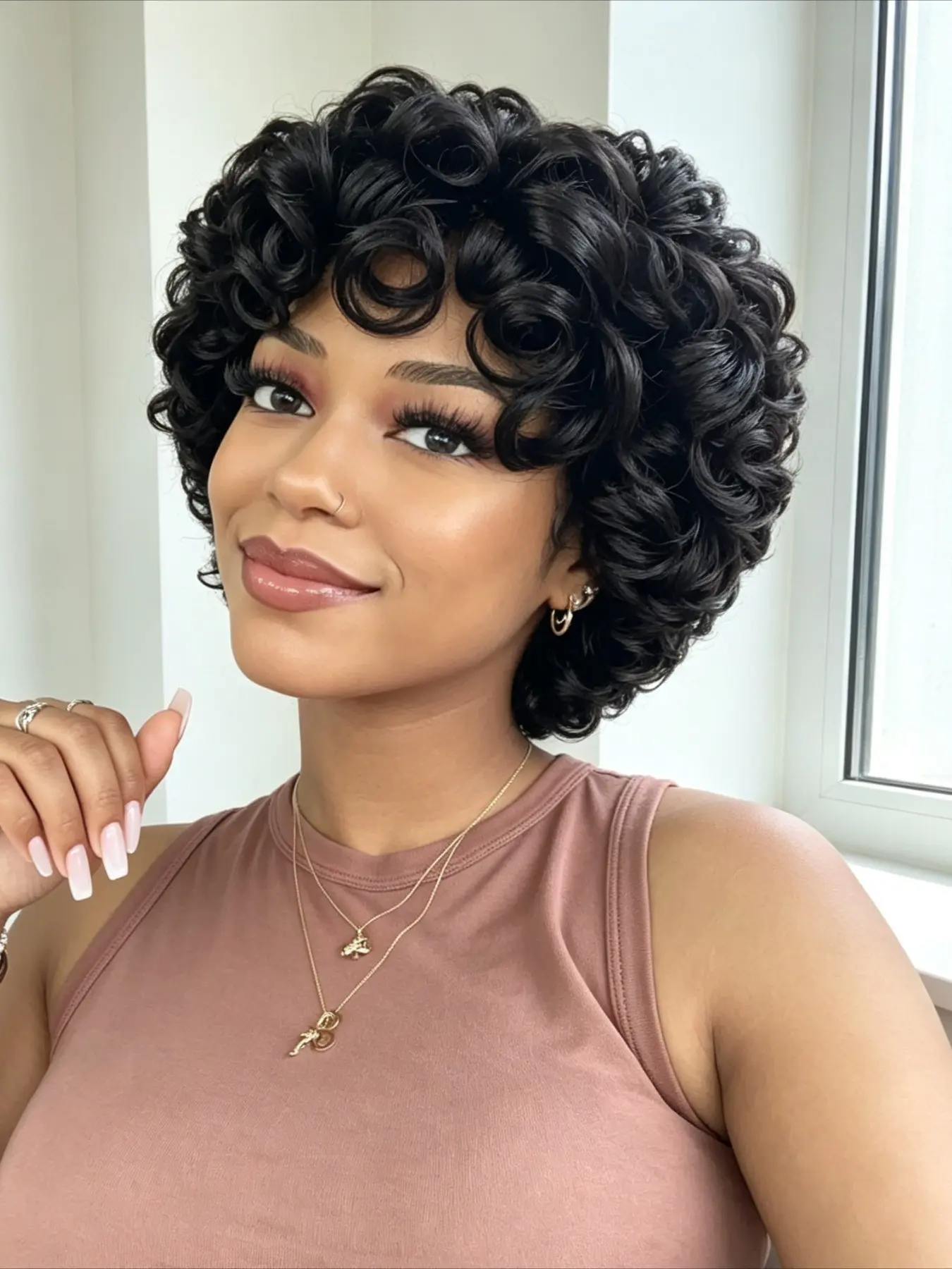 Colored Brazilian Human Hair Curly Bob Wig, 8 Inch Short Pixie Loose Egg Curl Wig with Bangs, Glueless Machine Made Bouncy Big Curly Wig for Black Women