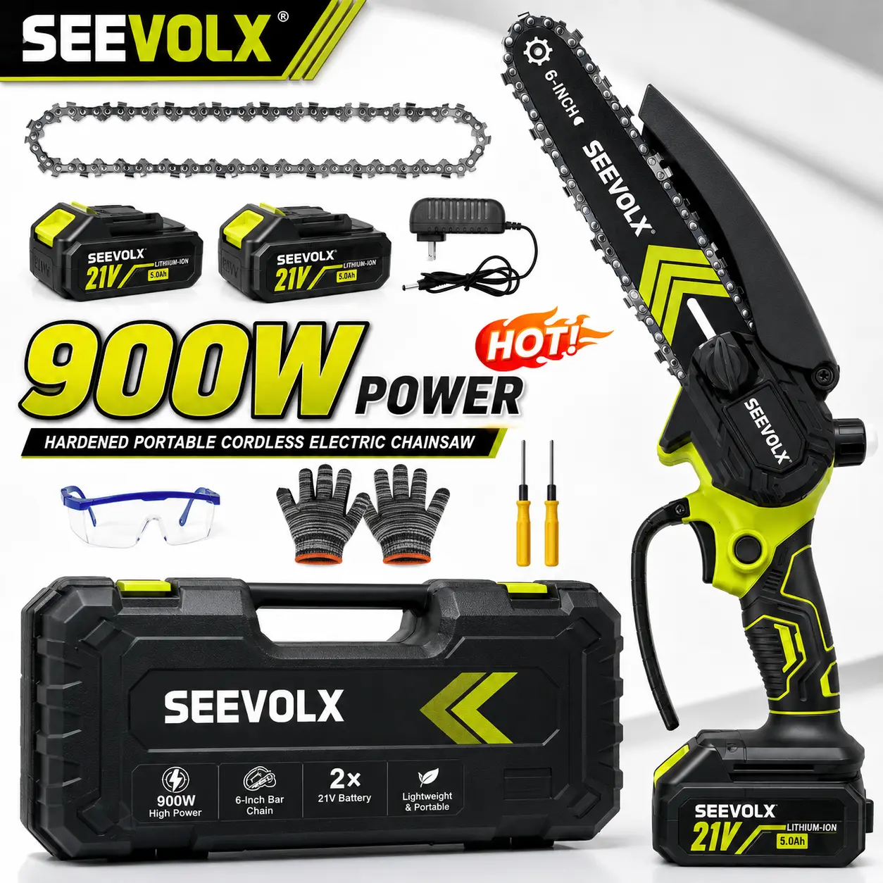 SEEVOLX Brushless Mini 6" Chainsaw with Oil System, Abs Plastic, Ergo Grip - Portable Cordless Electric Wood/Pruning Saw Full Kit Set, 000mAh Batteries - Ideal for Gardening, Camping, Seniors Women's Holiday Gifts