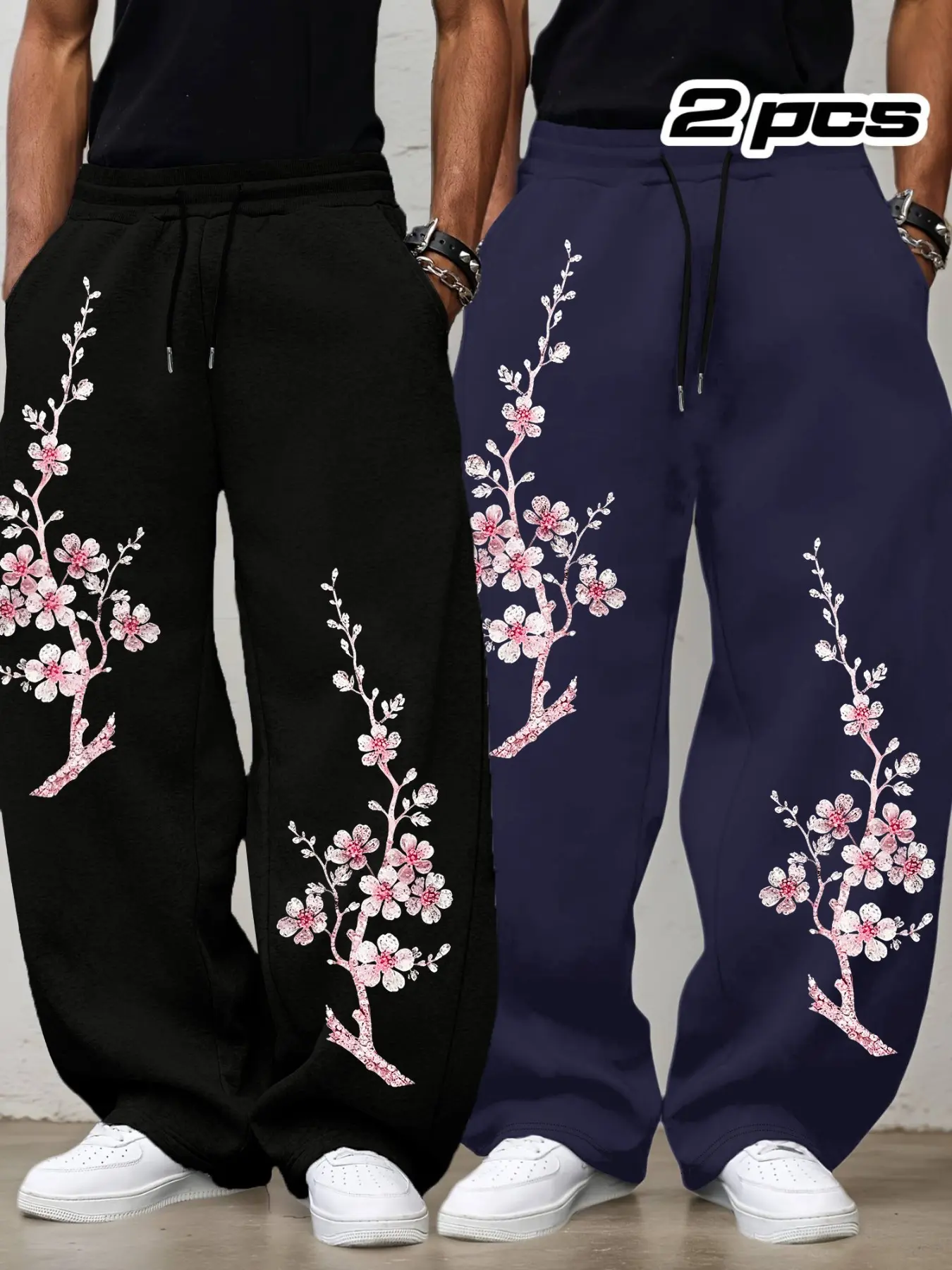 Men's 2-Pack Cherry Blossom Print Wide Leg Sweatpants, Casual Drawstring Waist Loose Trousers with Floral Graphic for Streetwear Style