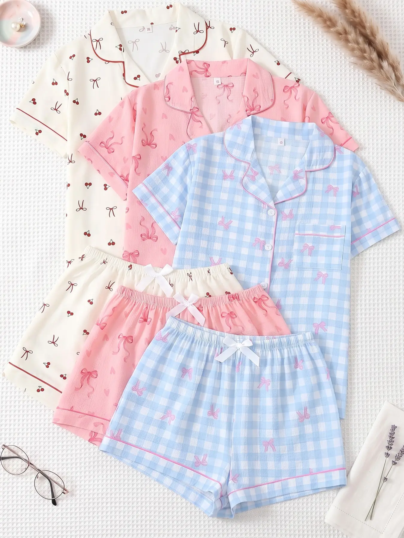 Women's 3-Piece Pajama Set, Short Sleeve Top & Shorts, Butterfly Print, All-Seasons Sleepwear, Casual Home Wear, Loungewear, Pjs, Essential Daily
