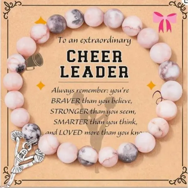 Women's Beaded Charm Bracelet Cheerleader Gifts - Pink Marble Stone Beads Cheerleading Pendant With Inspirational Quote Card, Meaningful Encouragement Jewelry For Teen Girls Competition