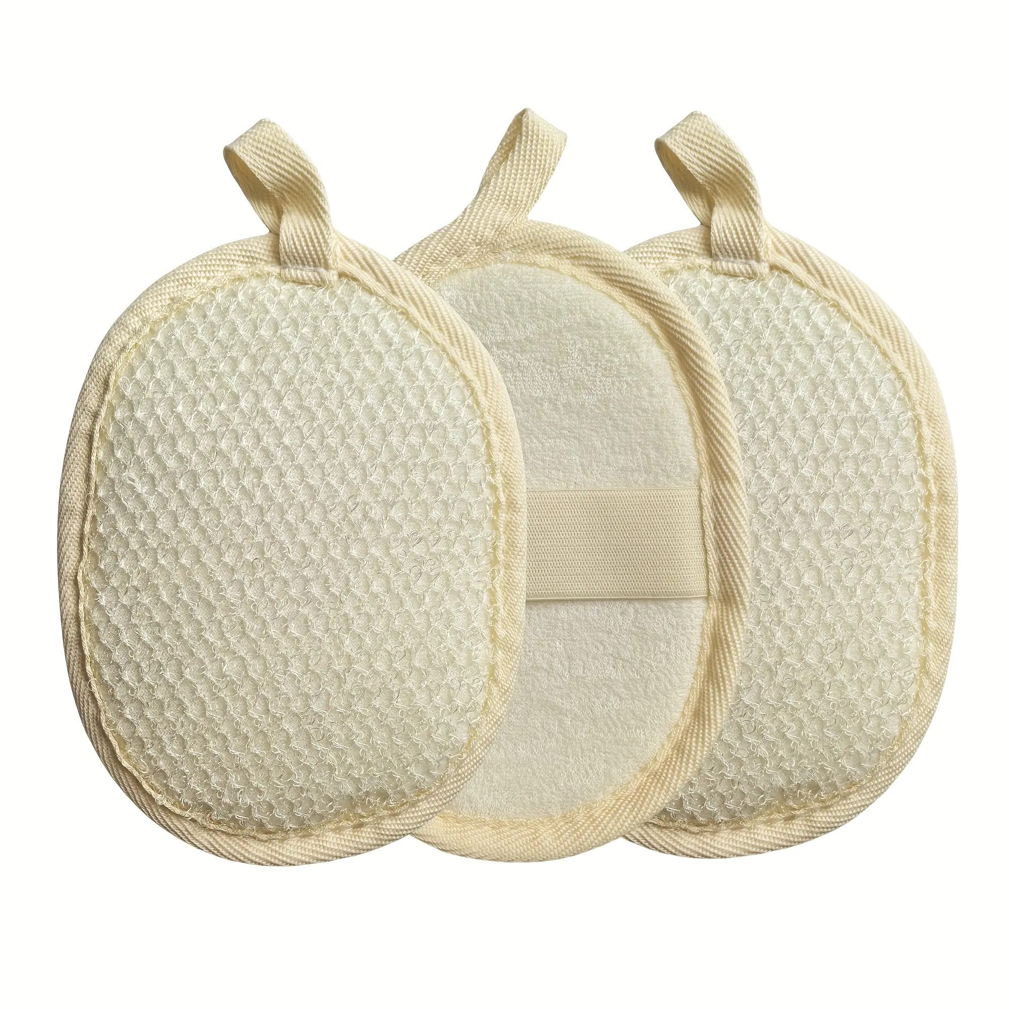 Pack of 3 Double-Sided Beige Nylon Bath Round Puff Rub Bath Exfoliating Sponge Bath Sponges