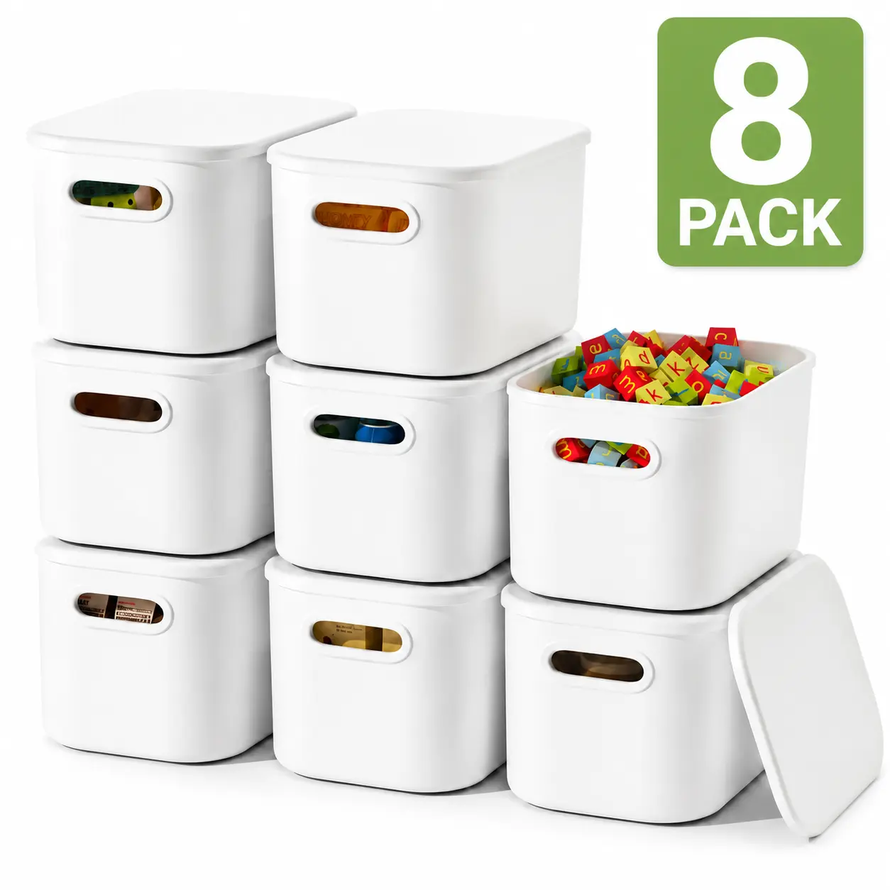 Stackable Storage Bins with Lids (4/8-Pack) - Durable White Plastic Classic Shape Home Storage Boxes (35x25x22 cm), Lid + Handle Organizers for Home, Office, Garage