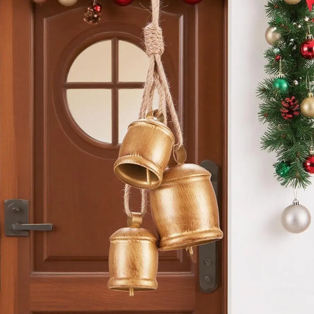 Vintage Metal Christmas Bell Ornaments Set - Rustic Hanging Cow Bells with Natural Jute Rope, Farmhouse Decor Props for Front Door & Xmas Holiday Scene Layout (Bag Charm Accessory)