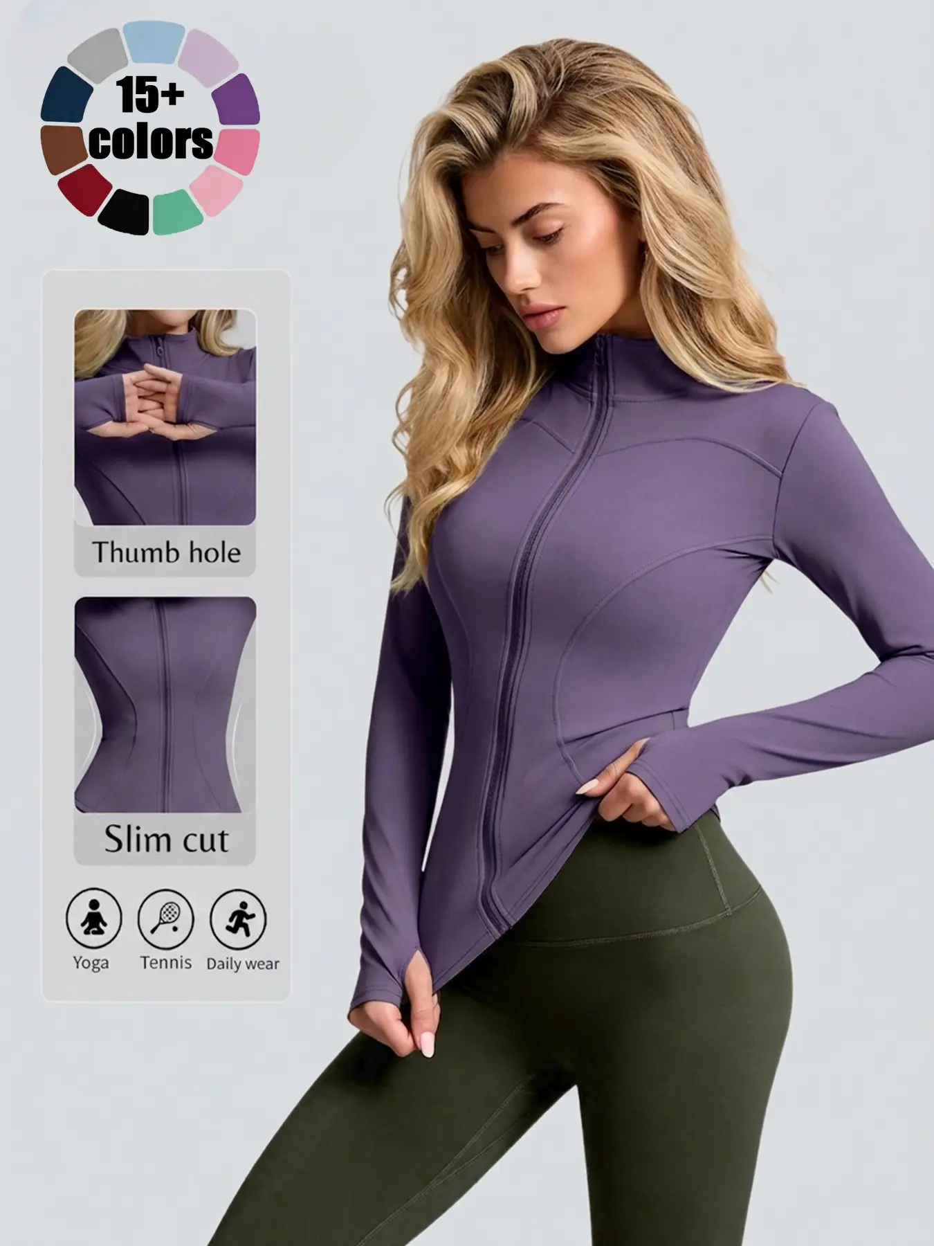 Women's Sporty Jacket with Thumbholes, Slim Fit Design, Ideal for Running and Yoga, Zipper Outerwear for All Seasons, Activewear Jacket