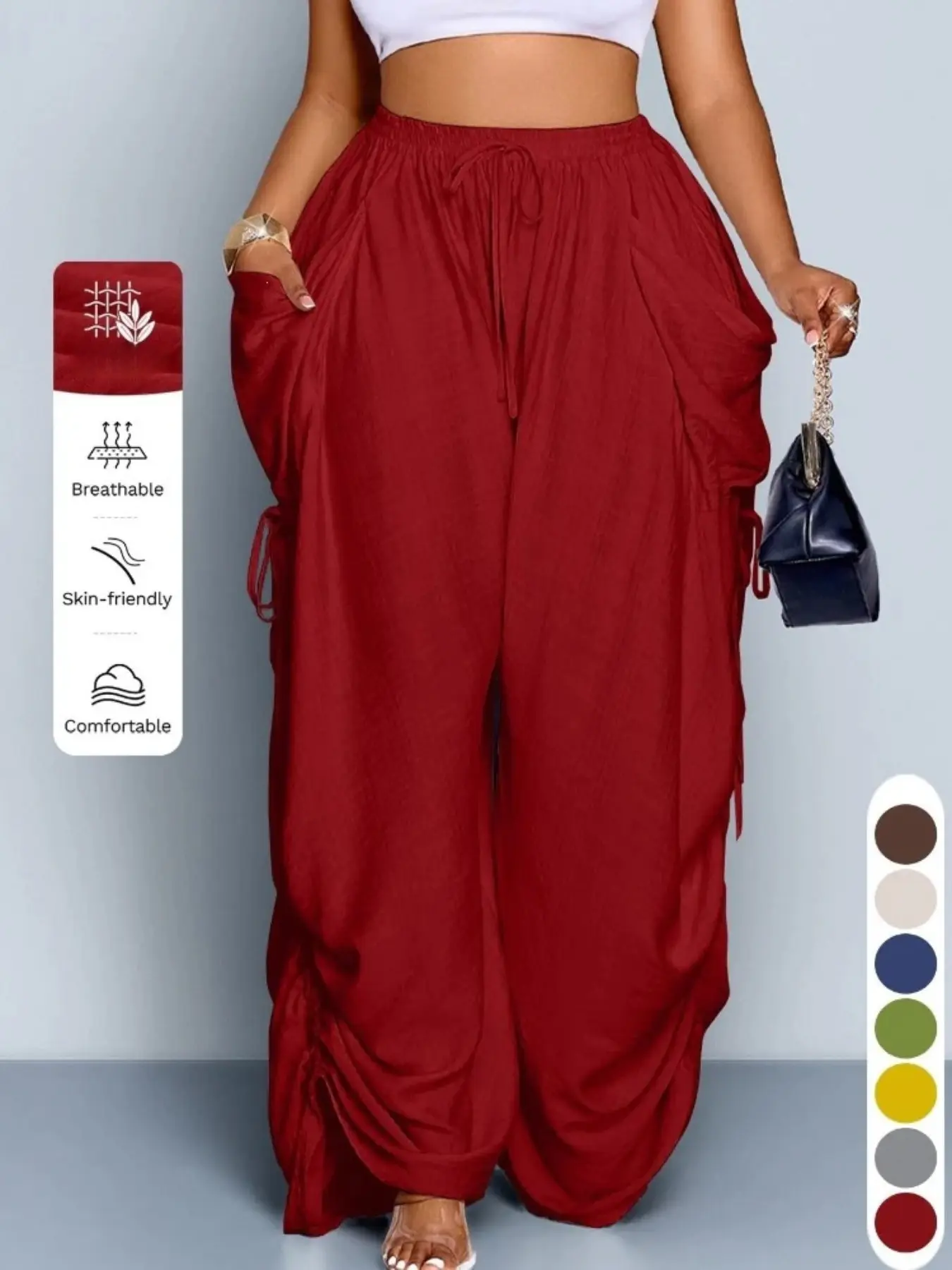 High-Waisted Drawstring Linen Cargo Pants for Women, Multi-Color Options, Loose-Fit, All Seasons, Comfortable Outdoor Wear