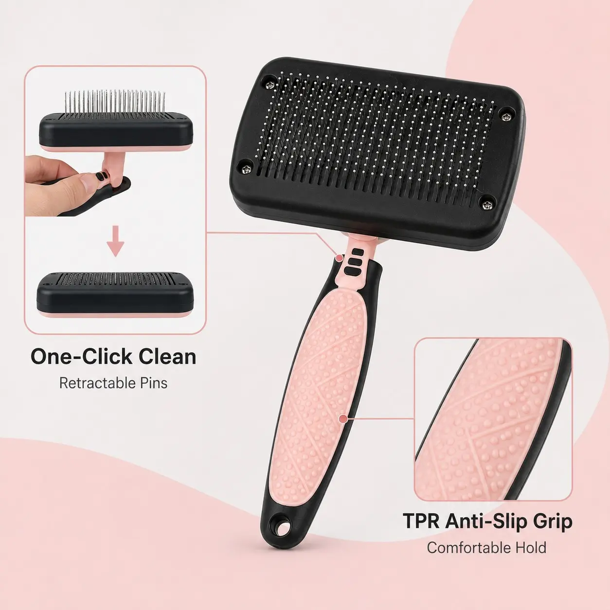 Self Cleaning Slicker Brush for Dogs Cats, Long Hair Pet Grooming Brush, Deshedding Tool for Loose Fur Removal, Detangling Comb with Rounded Tip Pins, Easy Clean Pet Hair Brush with Non Slip Handle for Puppy Kitten Grooming and Daily Coat Care