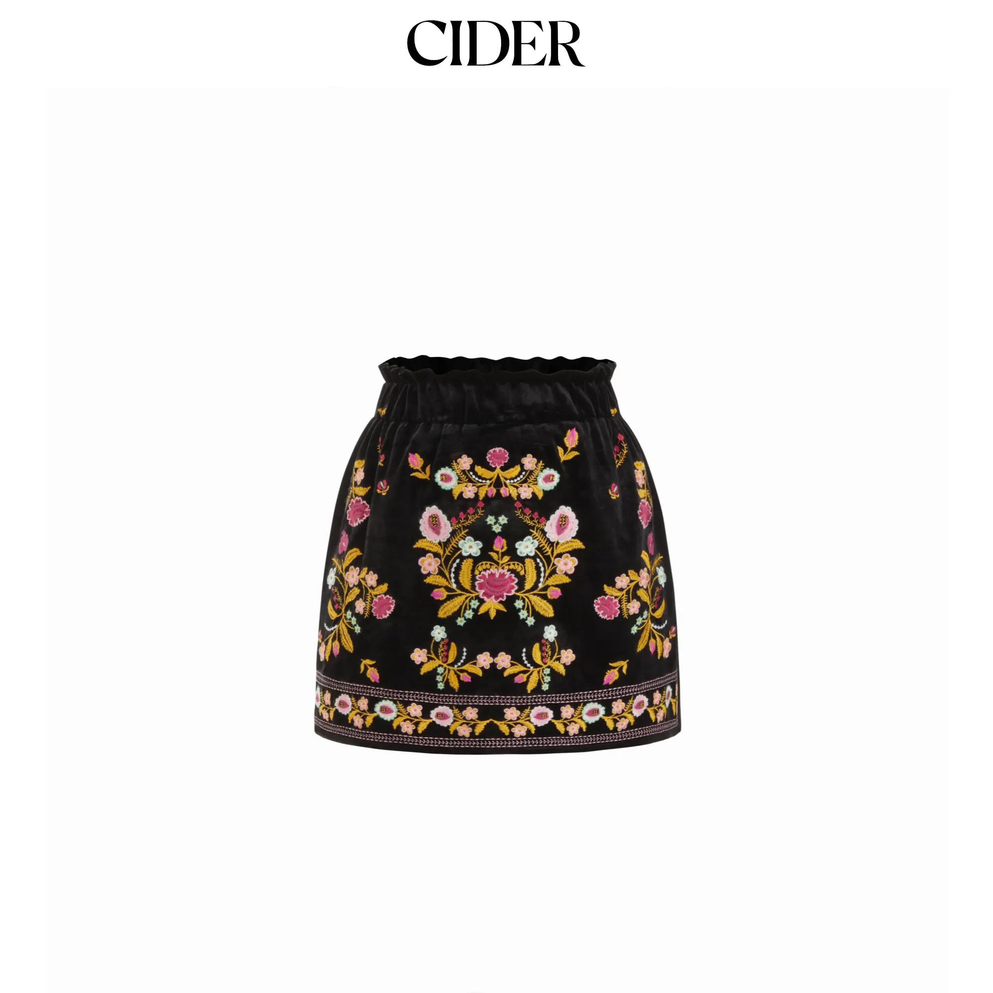 Cider Velvet Mid Rise Floral Embroidered Lettuce Trim Elastic Waist Mini Skirt