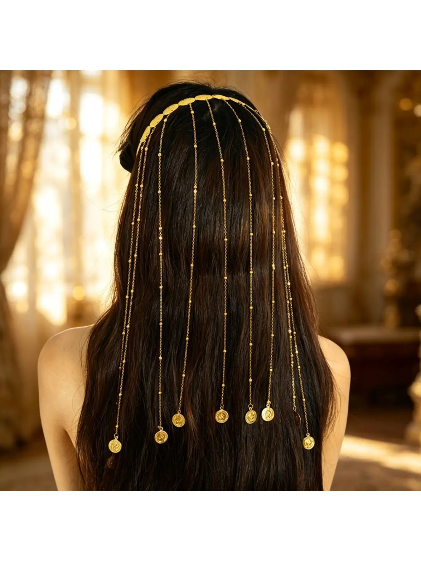 Cross-border new hair accessories Kurdish gold coin chain tassel long hair band head chain women's party hair decorations