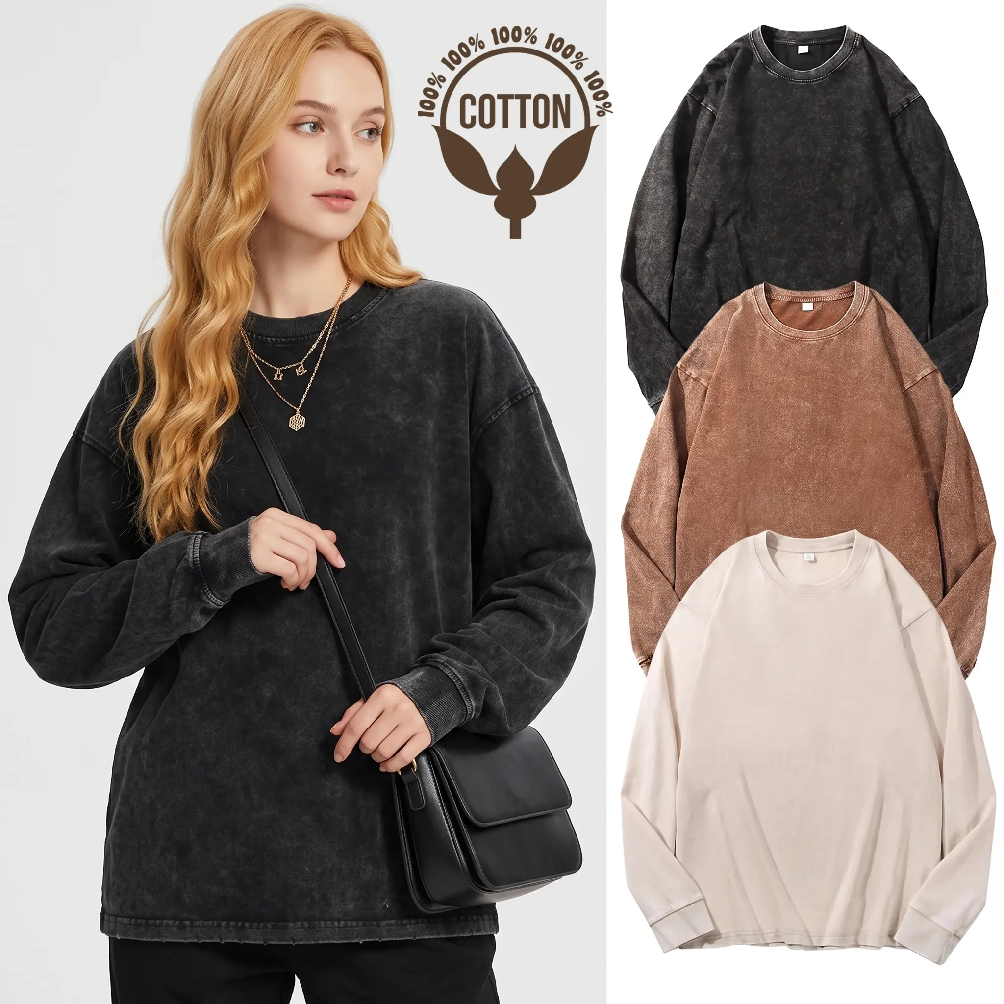 1/3 Pack 100% Cotton Oversized T-Shirts for Women And Men Cotton Long Sleeve Vintage Acid Wash Baggy T Shirts Casual Comfy Tee