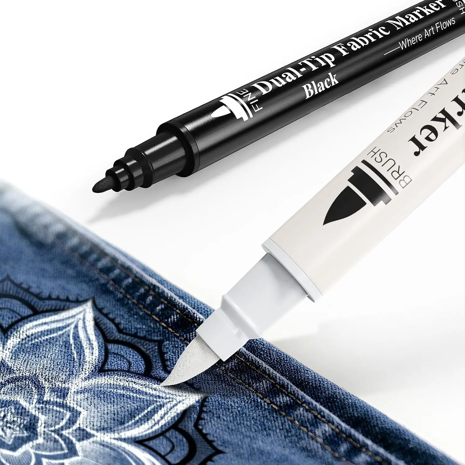 Permanent Fabric Markers, Dual-Tip Permanent Marker Pens for Office Stationery - High Detail, Quick Dry, Laundry Proof - Suitable for Denim, Canvas Shoes Crafts - 2-Pack (Black+White)