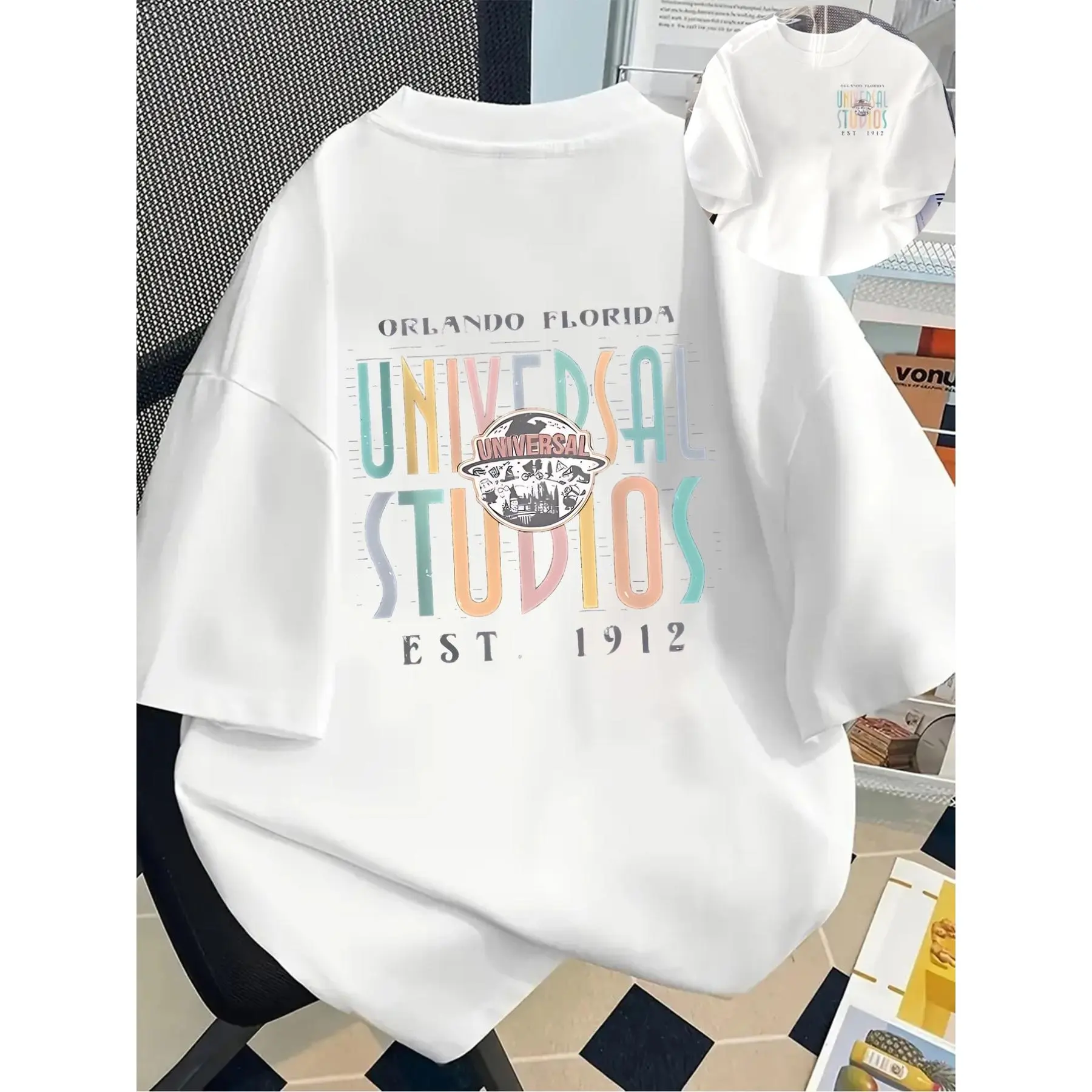 Men'S T-Shirt, Universal Studios, Theme Park Double-Sided Pattern Men'S Trendy T-Shirt, Individual And Versatile, New Popular Style Men'S Clothing, 1pc Men'S Essential Front And Back Style T-Shirt