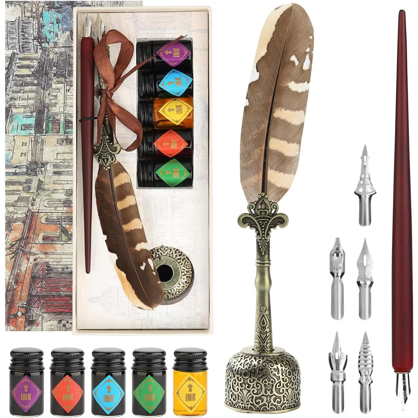 Feather Quill Calligraphy Pen & Wooden Dip Pen Ink Set Includes 7 Nibs 5 Ink Bottles Pen Holder Antique Writing Gift Set for Beginners Artists Students