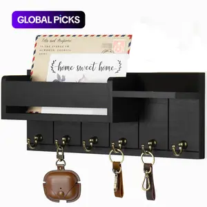 Wall Mounted Key Organizer Storage Holder, Wall Mount Design, 1 Count Wooden Wall Shelf with 6 Key Hooks, Mail Sorter, Home Organizer for Living Room Entrance #TOP PICKS