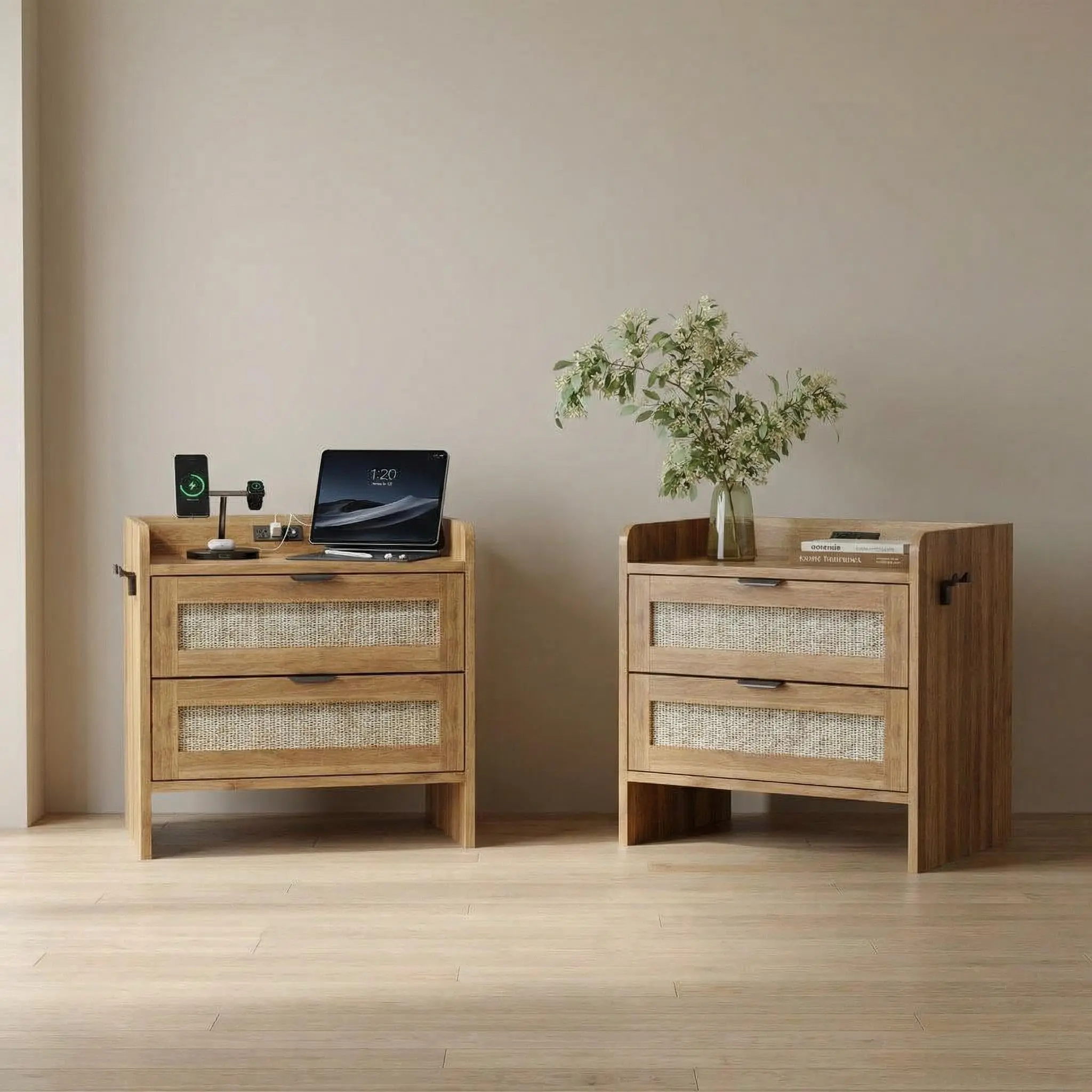 Garvee Rattan Nightstand Set of 2, Modern Bedside Table with Type-c Charging, 2 Drawer Storage for Bedroom, Office & Living Room，Oak