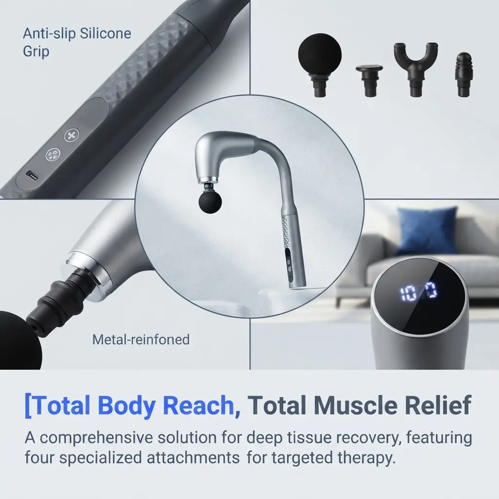 Extended U‑Shaped Fascia Gun, Silent Multi‑Speed Electric Muscle Massager with LCD Screen, Curved Hook Massage Tool for Back Relief & Fitness Recovery