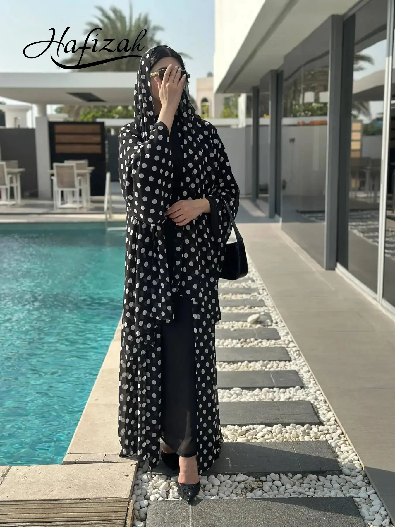 Hafizah Polka Dot Chiffon Printed Long Cardigan Set, Chiffon Flowy Outerwear Scarf Two-Piece Set, Loose-Fit Women's Clothing