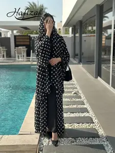 Hafizah Polka Dot Chiffon Printed Long Cardigan Set, Chiffon Flowy Outerwear Scarf Two-Piece Set, Loose-Fit Women's Clothing