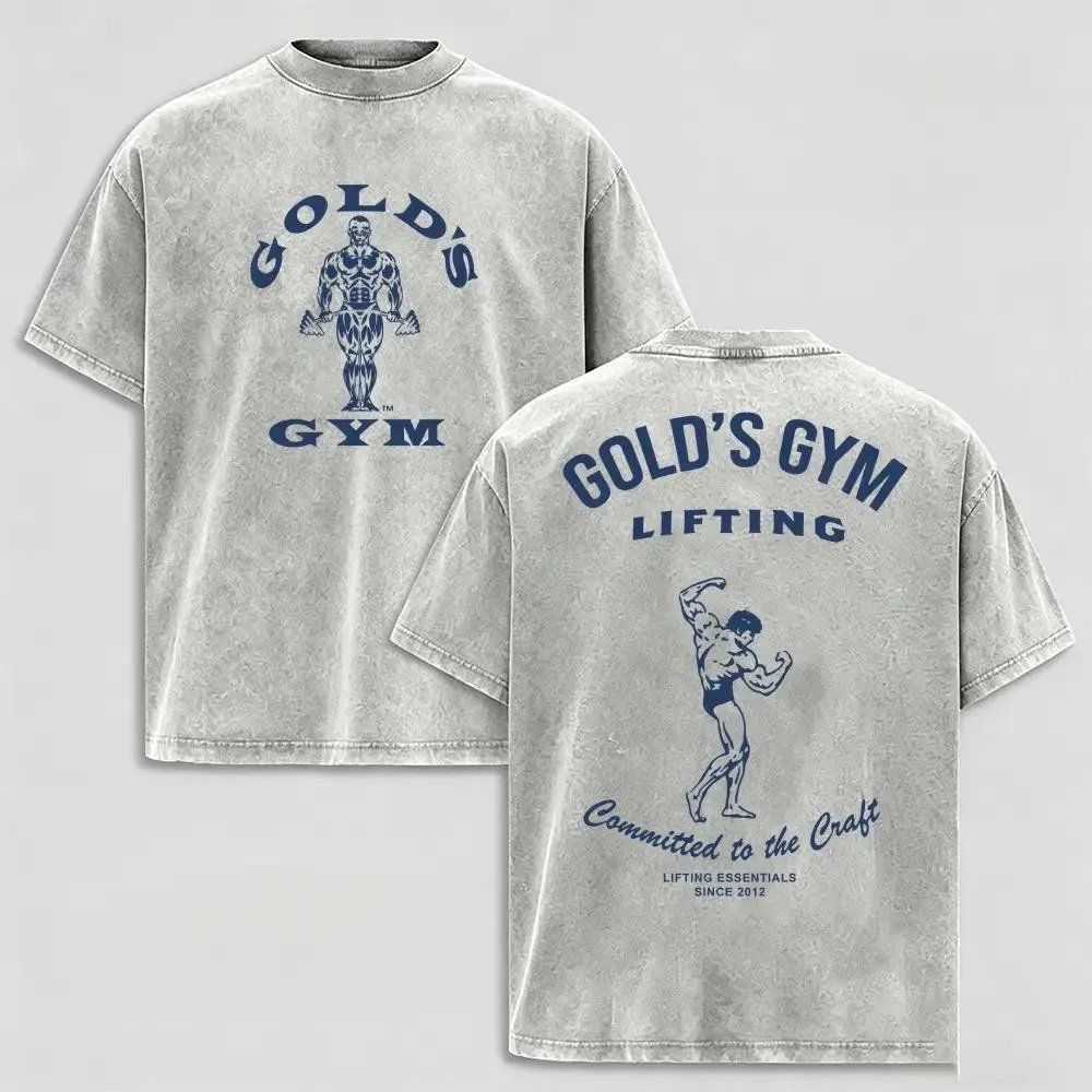 Menswear 100% Cotton Oversized Fit Round Neck Short-Sleeve T-Shirt, Retro Grunge Gold’s Gym Vintage Bodybuilding Double-Side Print Unisex Casual Top for Adult Weightlifting Fans