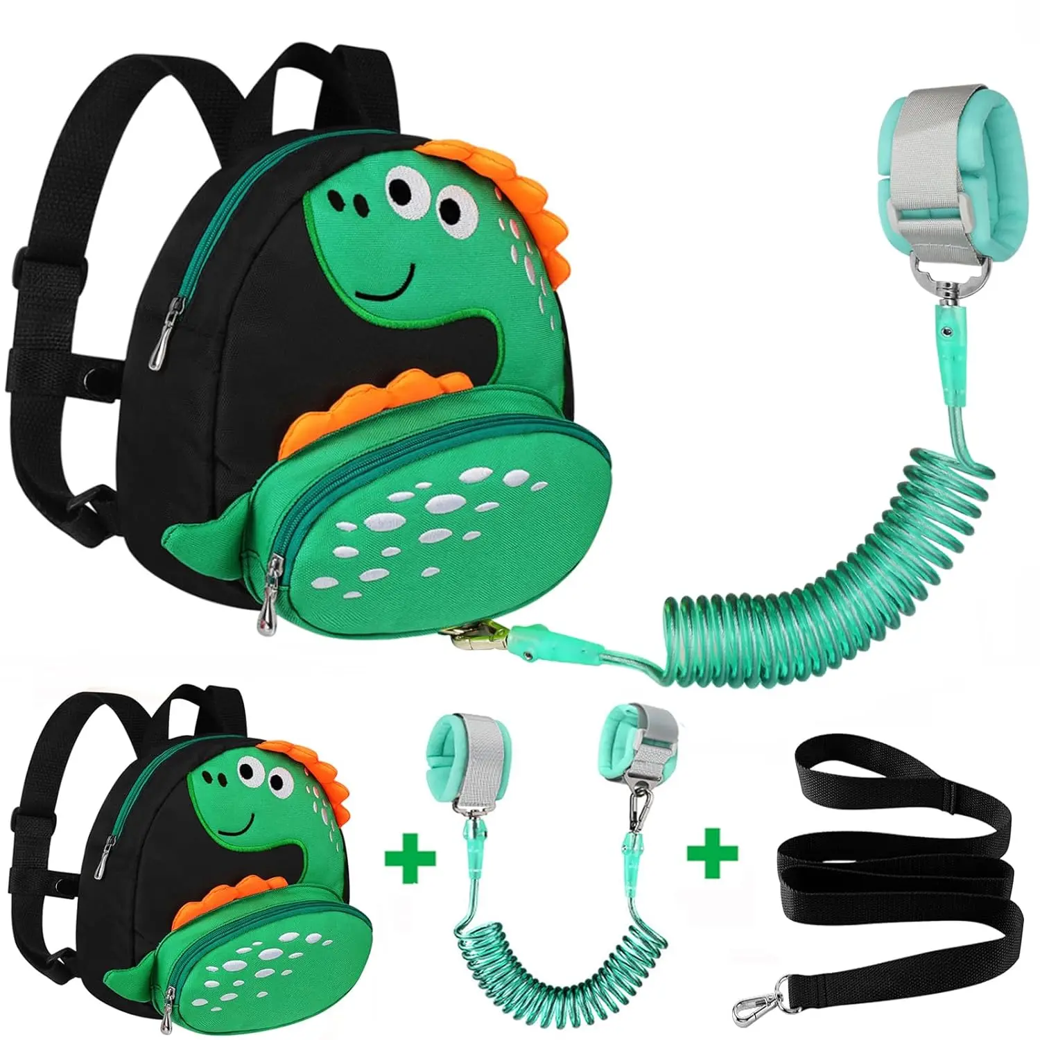 Toddler Backpack Harness with Safety Leash, Cute Dinosaur Harnesses with Kids Anti Lost Wrist Link, Mini Child Schoolbag with Wristband Tether Strap and Protection Leashes for Baby boys (Black)