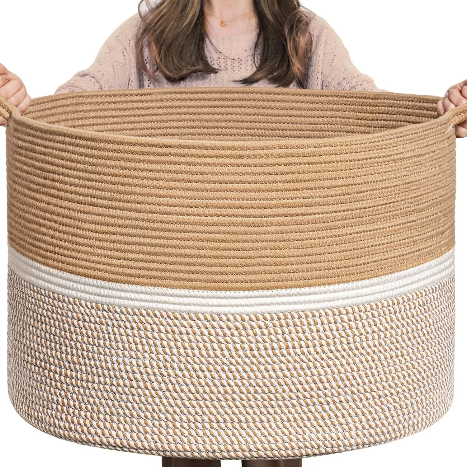 XXL   Rope Woven Basket with Handles, Throw Blanket Storage Basket, Decorative Clothes Hamper - 22" x 22" x 14", Brown&White