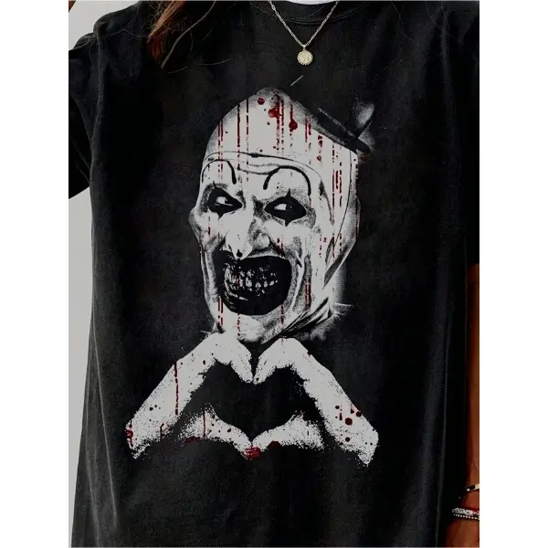 Art the Clown Terrifier Streetwear T-Shirt - Men's Top, Single-Side Black Heart Hands Graphic, Casual Short-Sleeve Horror Movie Tee (Suitable for Women), Tshirt, Shortsleeve, Foldable, Casual Fit, Loose-Fit, Horror Graphic, Hangable Fold, Pure Cotton, Bas