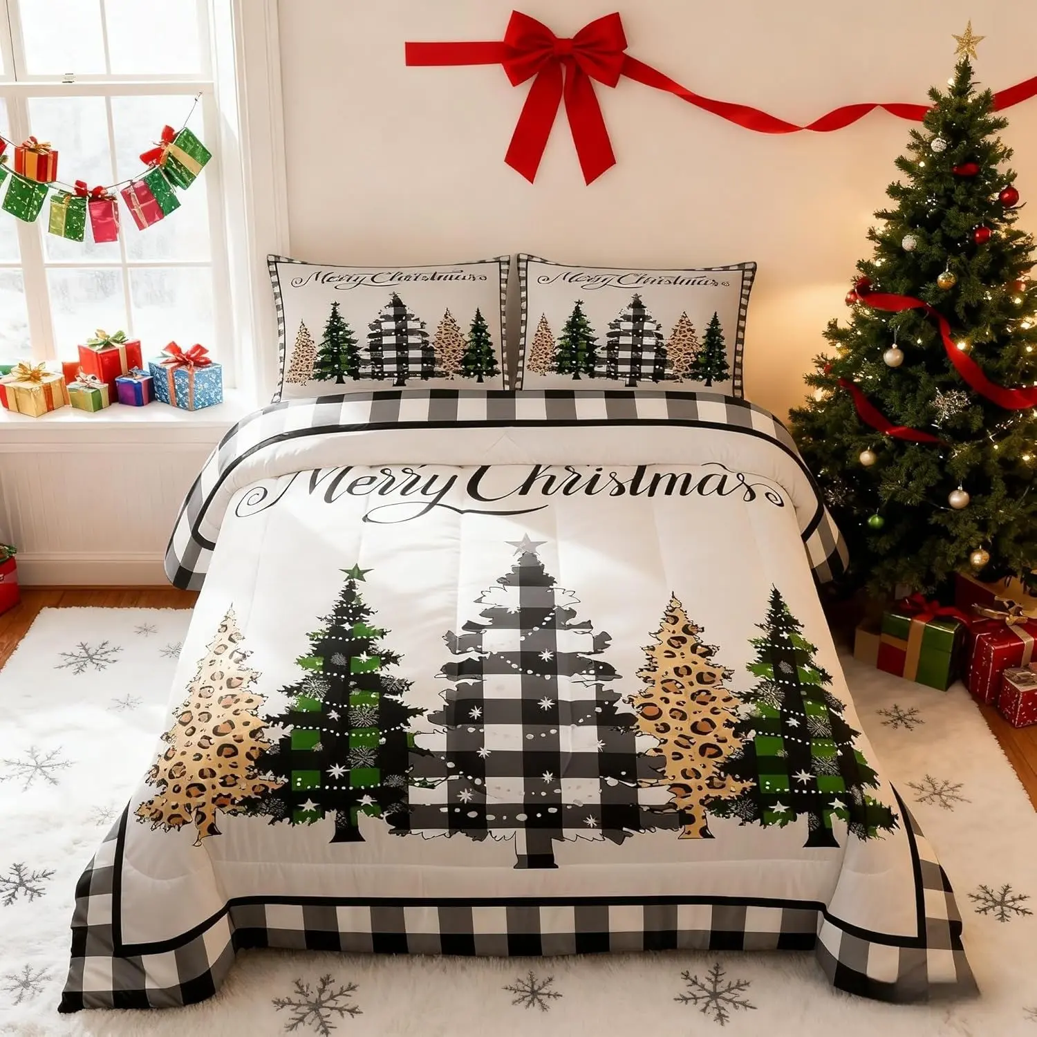 Christmas snowman and snowflake bedding set, suitable for girls, boys, and adults, geometric grid quilt set, including 1 quilt + 2 pillowcases
