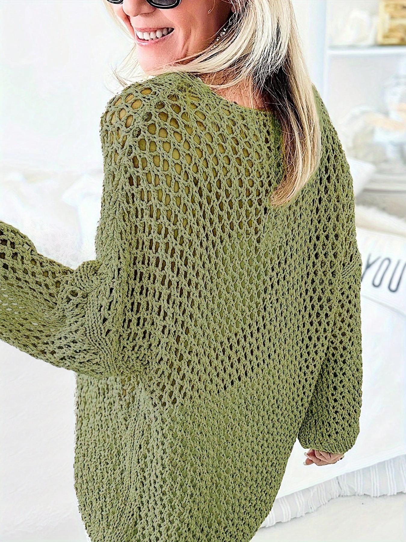 Women's Plain Hollow Out Sheer Drop Shoulder Crochet  Sweater, Casual Long Sleeve Crew Neck Jumper for Summer, Fashion Women's Knitwear for Daily Wear