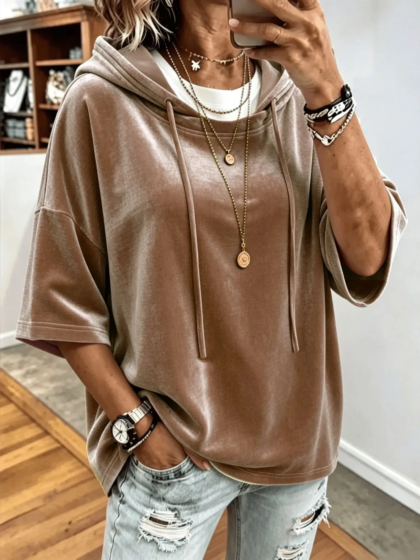 High-End Textured Short Sleeve Hoodie Sweatshirts, Loose Fit Drop Shoulder Five-Quarter Sleeves, Drawstring Hood, Casual Lazy Style, All Seasons