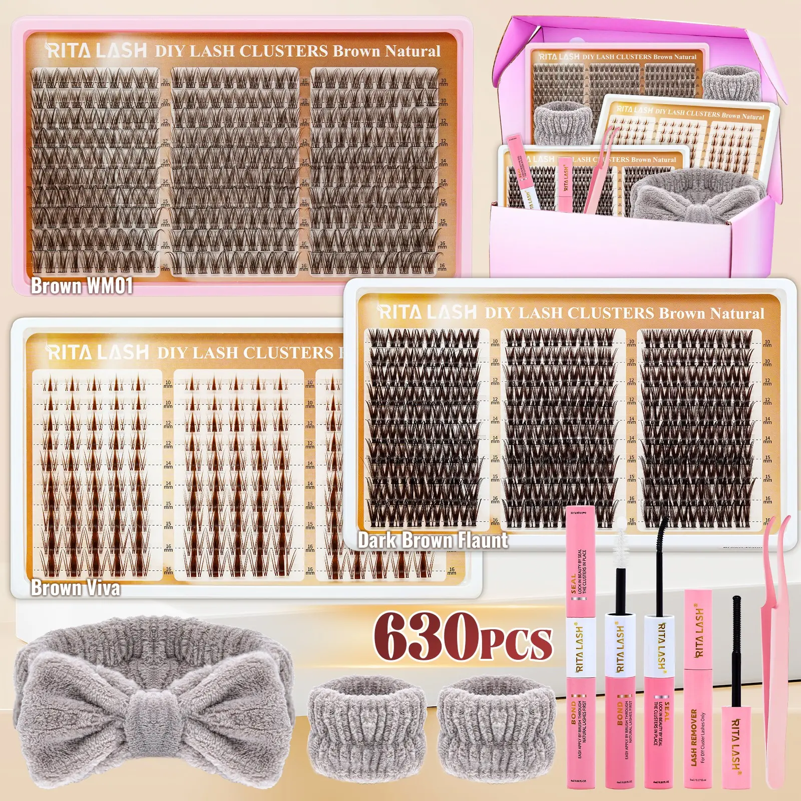 RITALASH 630PCS Natural Soft Dark Brown Lash Clusters Kit Wispy Individual Cluster Lashes Large Volume Pack DIY At-Home Eyelashes Waterproof Long Wear with Bond&Seal and Remover (WM01-Viva-Flaunt)