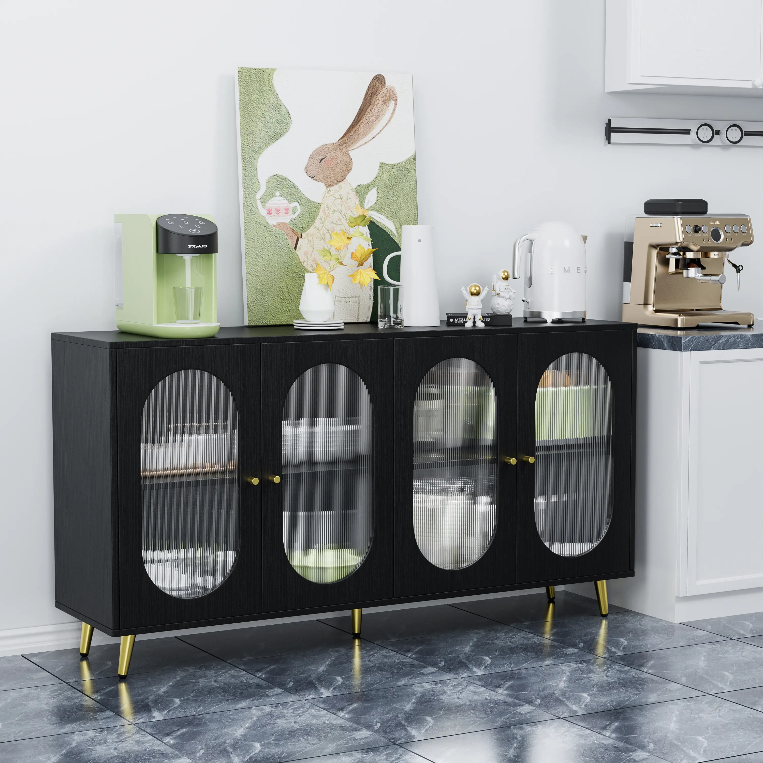 Minimalist Industrial ARCH Modern Accent Sideboard Cabinet - Glossy Look, Acrylic Doors, Single Config Shelves, Freestanding Storage Credenza for Living Room, Kitchen, Black Indoor Furniture Buffet Server