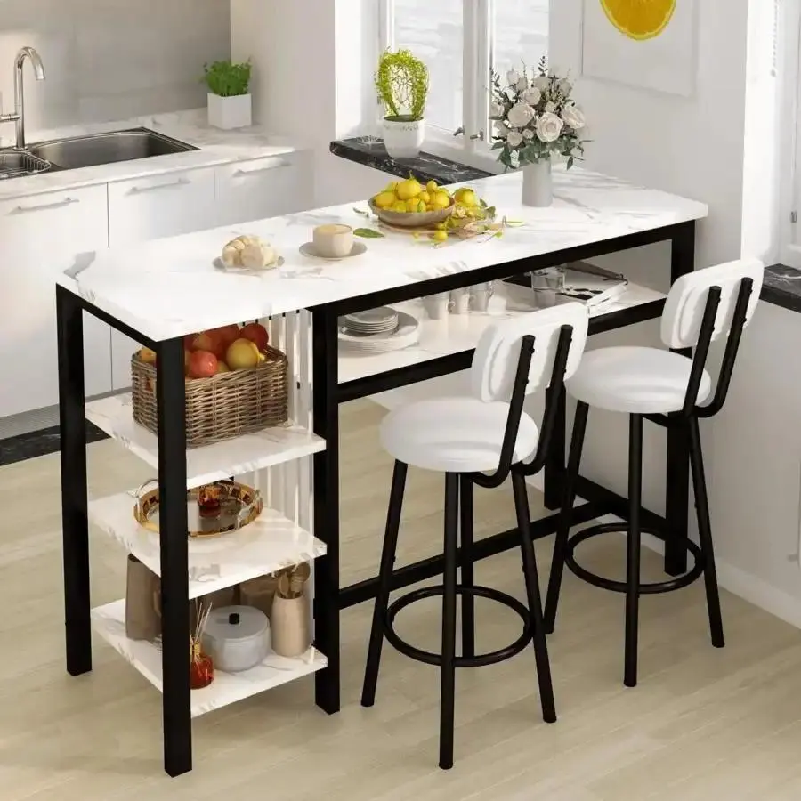 Modern Farmhouse Counter Height Rectangular Dining Set - 3-Piece MDF+Metal Frame Table with Marble Look Top, Multi-Tier Storage Shelves, 2 Upholstered Bar Stools, Easy Assembly for Small Spaces Families