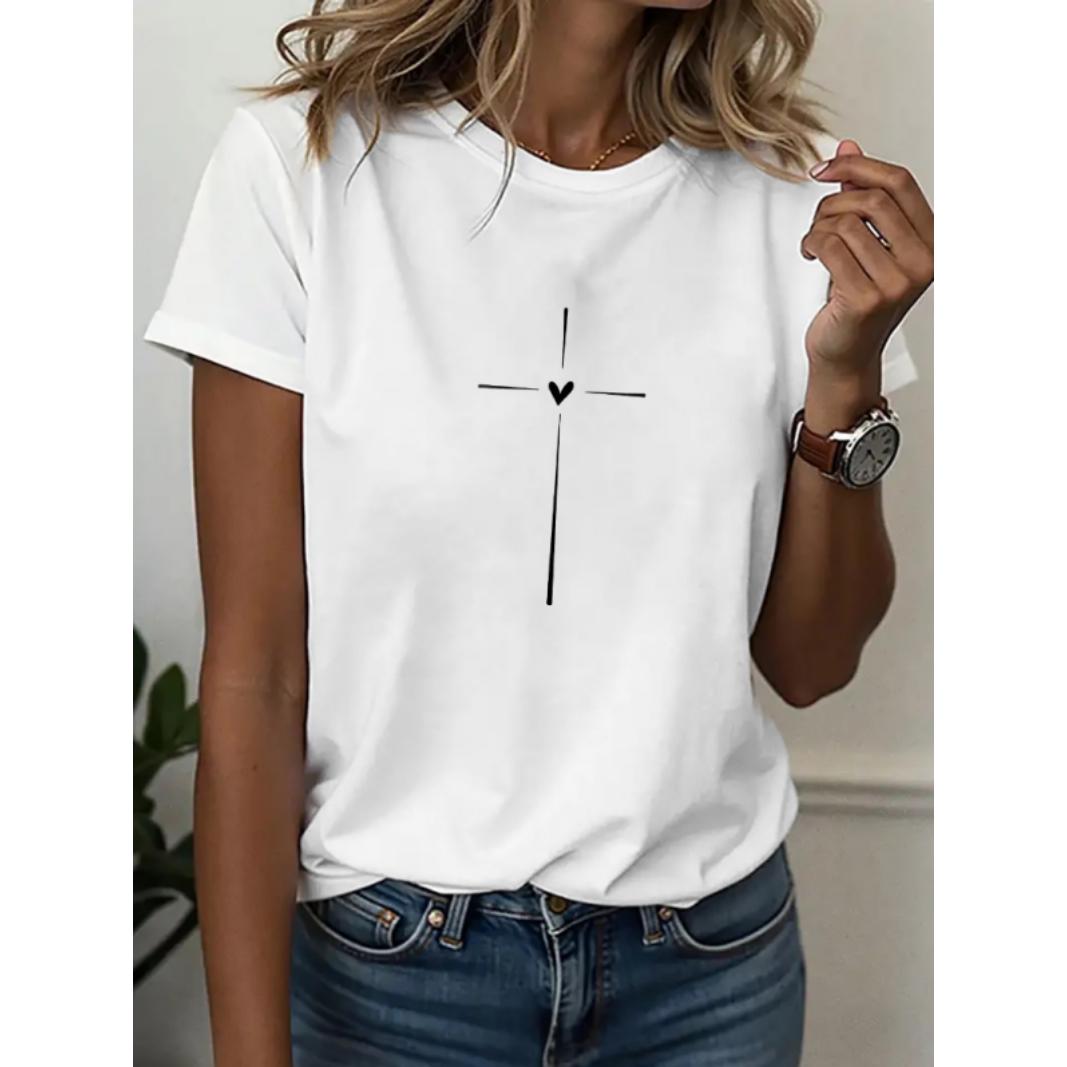 Womens Casual Graphic Tee Short Sleeve Crew Neck Loose Fit Soft Cotton Blend Minimalist Cross Heart Print T Shirt Cute Everyday Summer Top Womens Casual Graphic Tee Short Sleeve Crew Neck Loose Fit Soft Cotton Blend Minimalist Cross Heart Print T Shirt Cute Everyday Summer Top