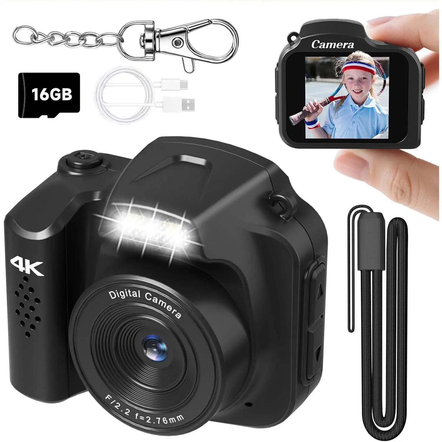Camera 4K 64MP  Digital Camera,Pocket Retro  Video Camera with LED Light and 16G  SD Card, Suitable for Teenagers, Adults, , and Photography Beginners Black