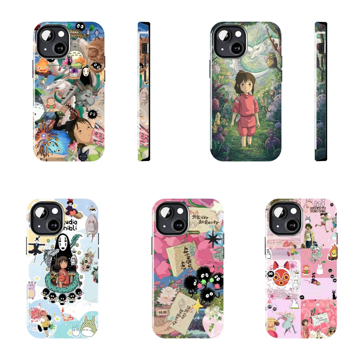Spirited Away anime wave pattern phone case, drop-proof and scratch-resistant soft case, featuring Spirited Away face, soot sprites, floral patchwork, and Ghibli print. Stylish phone case suitable for iPhone17 ProMax /16/15/14/13/12/11 Plus