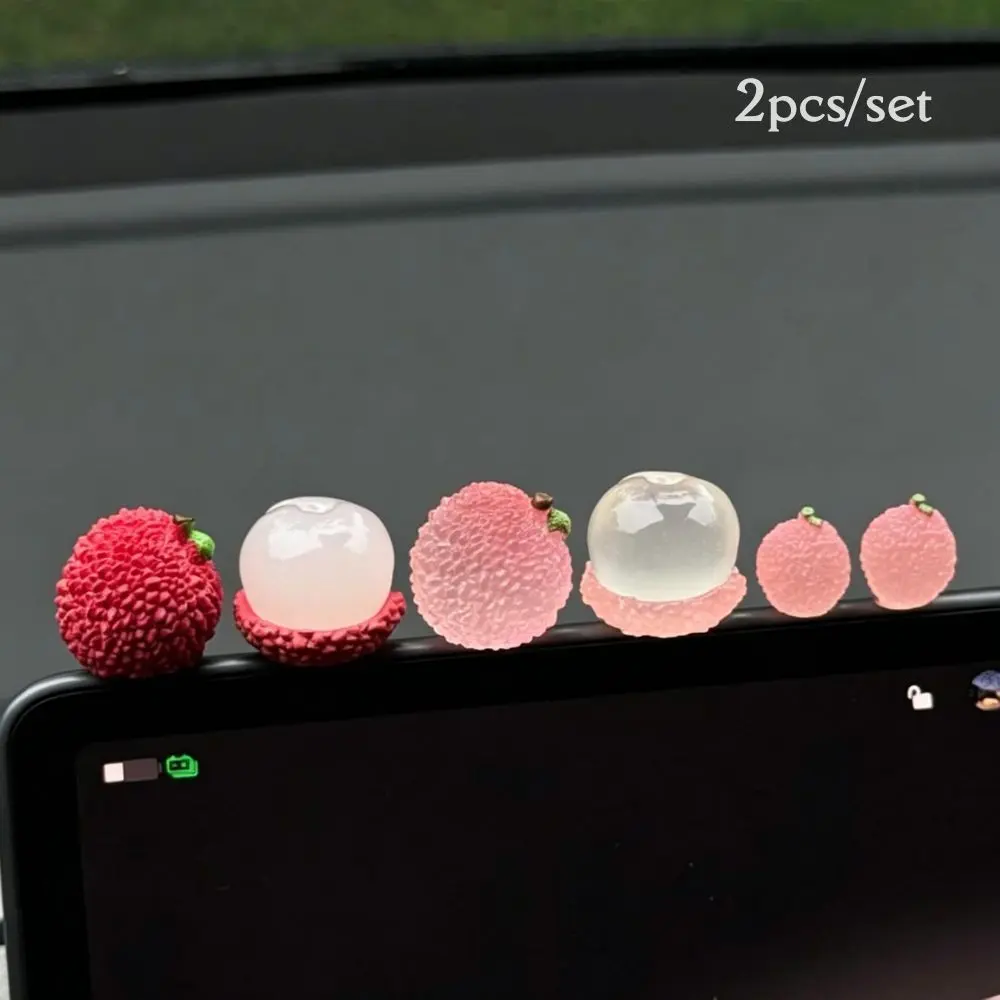 2pc Lychee Fruit Figurine, Miniature Luminous Resin Lychee Ornament, Unique Ornaments, Realistic Fruit Decor for Desk, Shelf, Monitor & Office, Tabletop & Home Decor, Desk Accessory, Also Fits Car Dashboard, Includes Traceless Adhesive