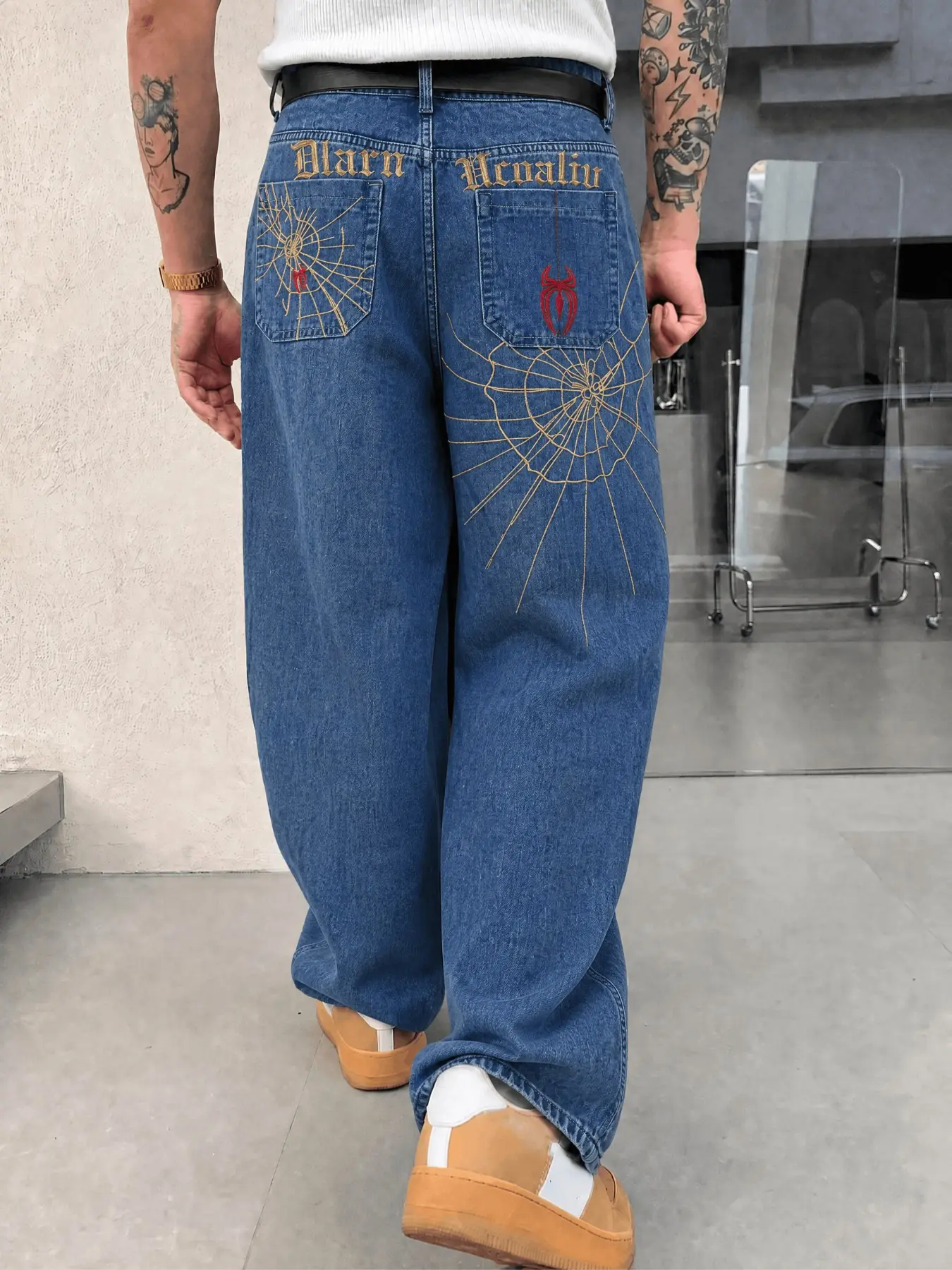 Men's Spider-Man Web Embroidered Wide Leg Jeans, Vintage Washed Loose Fit Straight Leg Pants, Y2K Hip-Hop Casual Long Pants