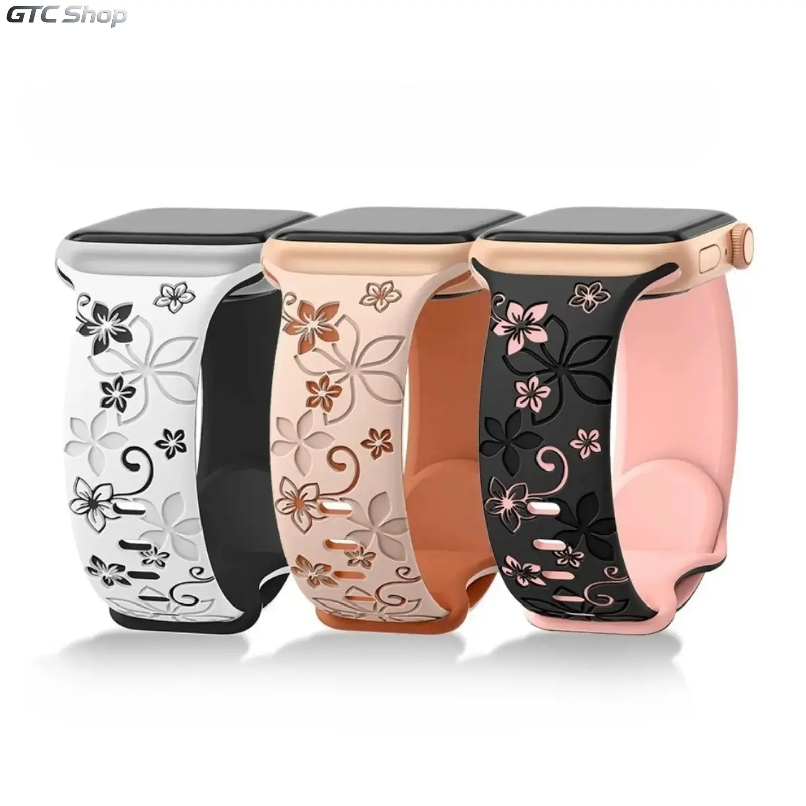 Laser Engraved Bauhinia Two Tone Silicone Watch Band, Floral Soft Wrist Strap Compatible with Apple Watch Ultra, Exquisite Fashion Accessory for Daily Casual Wear (Strap Only) Pink Brown