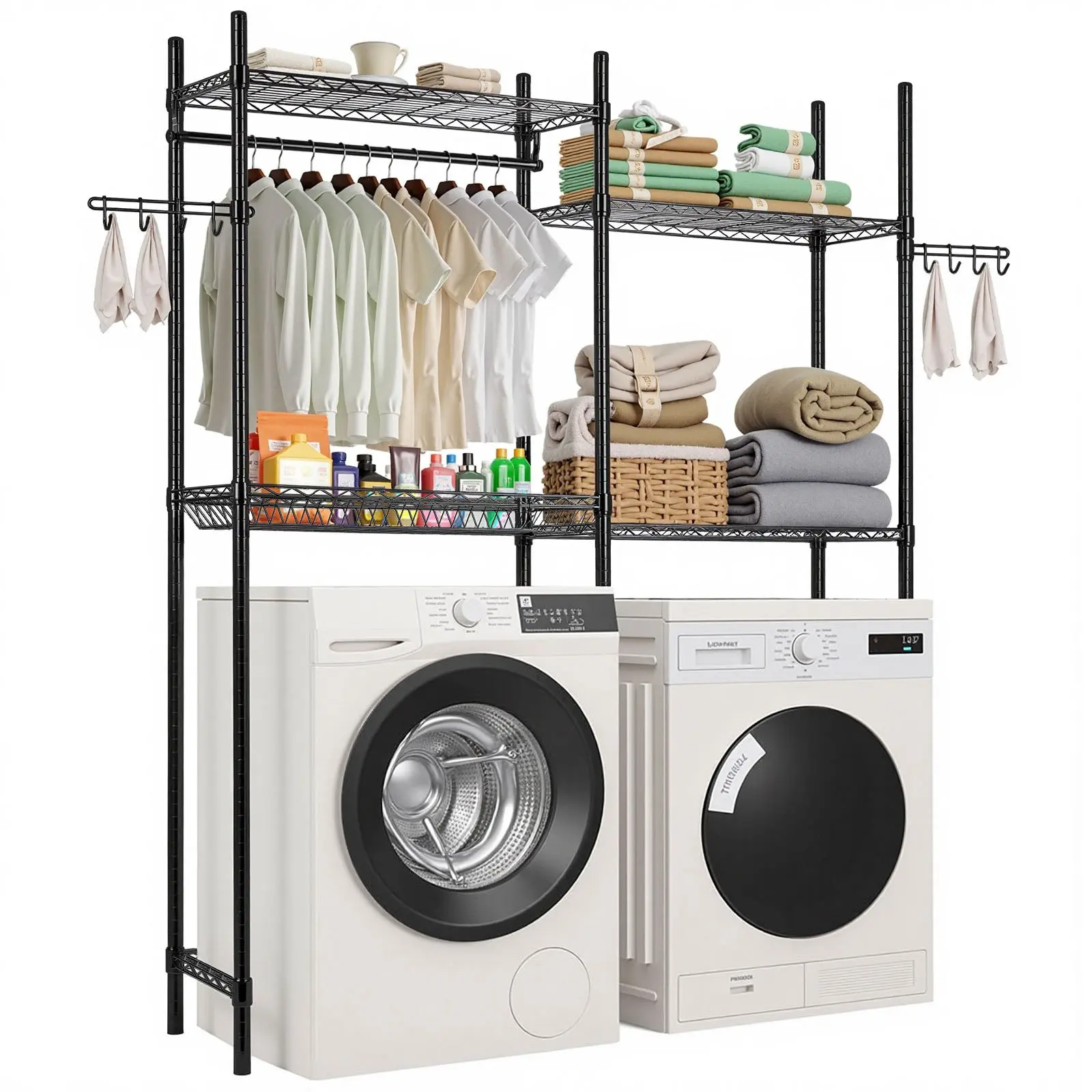 VEVOR Over Washer and Dryer Storage Shelves, 4 Tiers Laundry Room Drying Rack with Hanger Rod and Hooks, Two Rows Adjustable Washer Shelves Space Saver, for Laundry Room Storage Organization, Black
