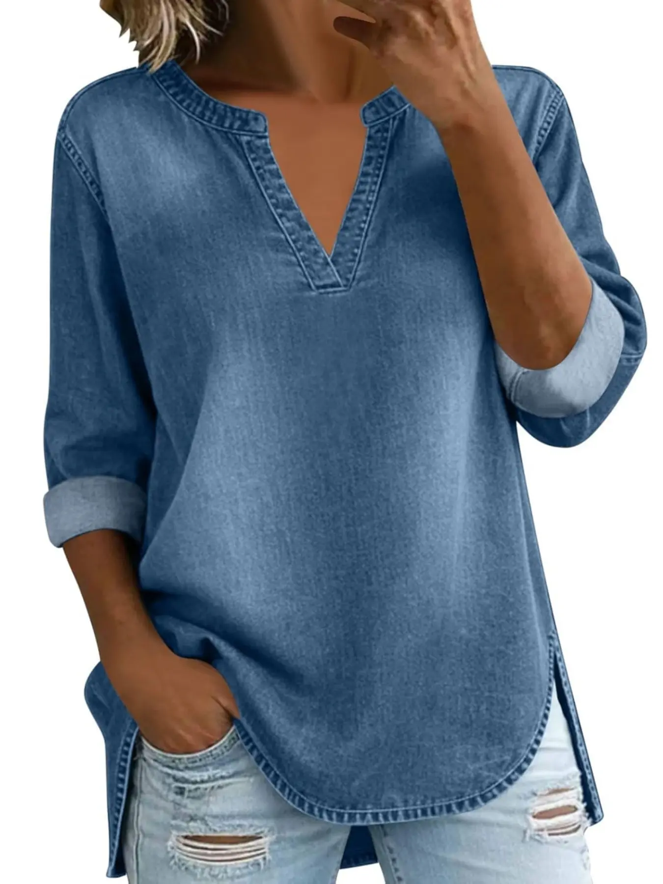 Four-Season Lightweight Comfortable Basic Denim Shirt Blouses, Daily Casual Versatile, Short Sleeve Loose-Fit Baggy Solid Plain Design, All-Year Round Wear Tops