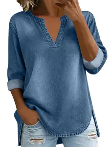 Four-Season Lightweight Comfortable Denim Shirt Blouses, Daily Casual Versatile, Short Sleeve Loose-Fit Plain Design, All-Year Round Wear