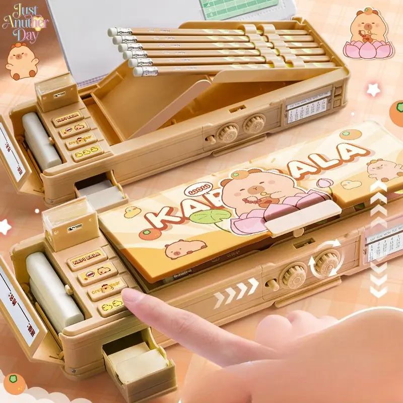 Multi-functional Password Lock Pencil Case Cute Capybara Cartoon Double Layer Mechanical Stationery Box Pop-up Hidden Storage Pen Organizer For Kids Student Back To School Gift