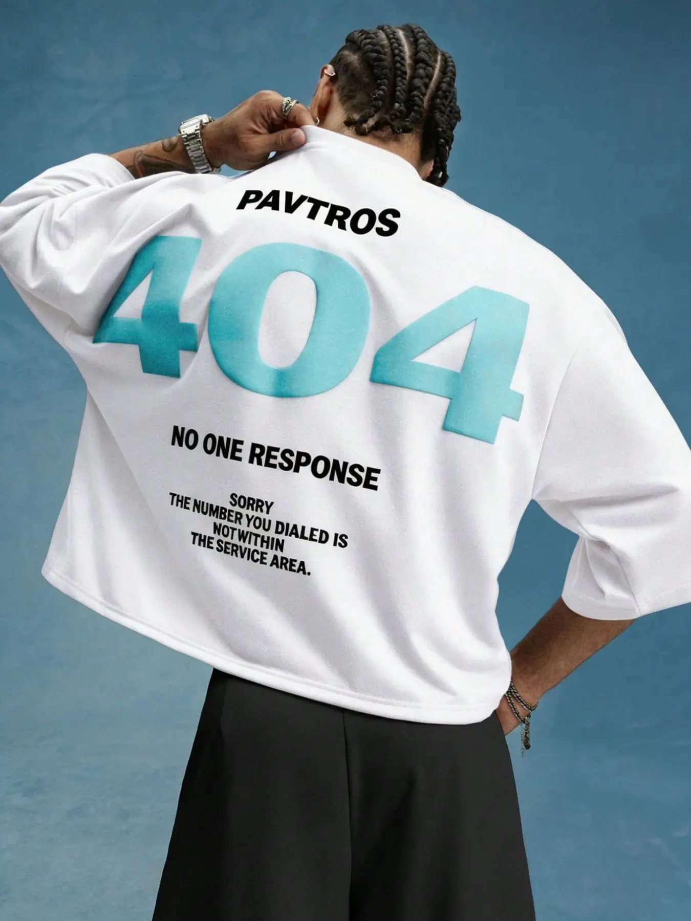 American high-street puff-print T-shirt; unisex oversized streetwear top; American hip-hop style gender-neutral, versatile top for couples; trendy "404" creative 3D puff-print 3/4-sleeve T-shirt; unisex matching outfit for couples; ideal holiday gift.
