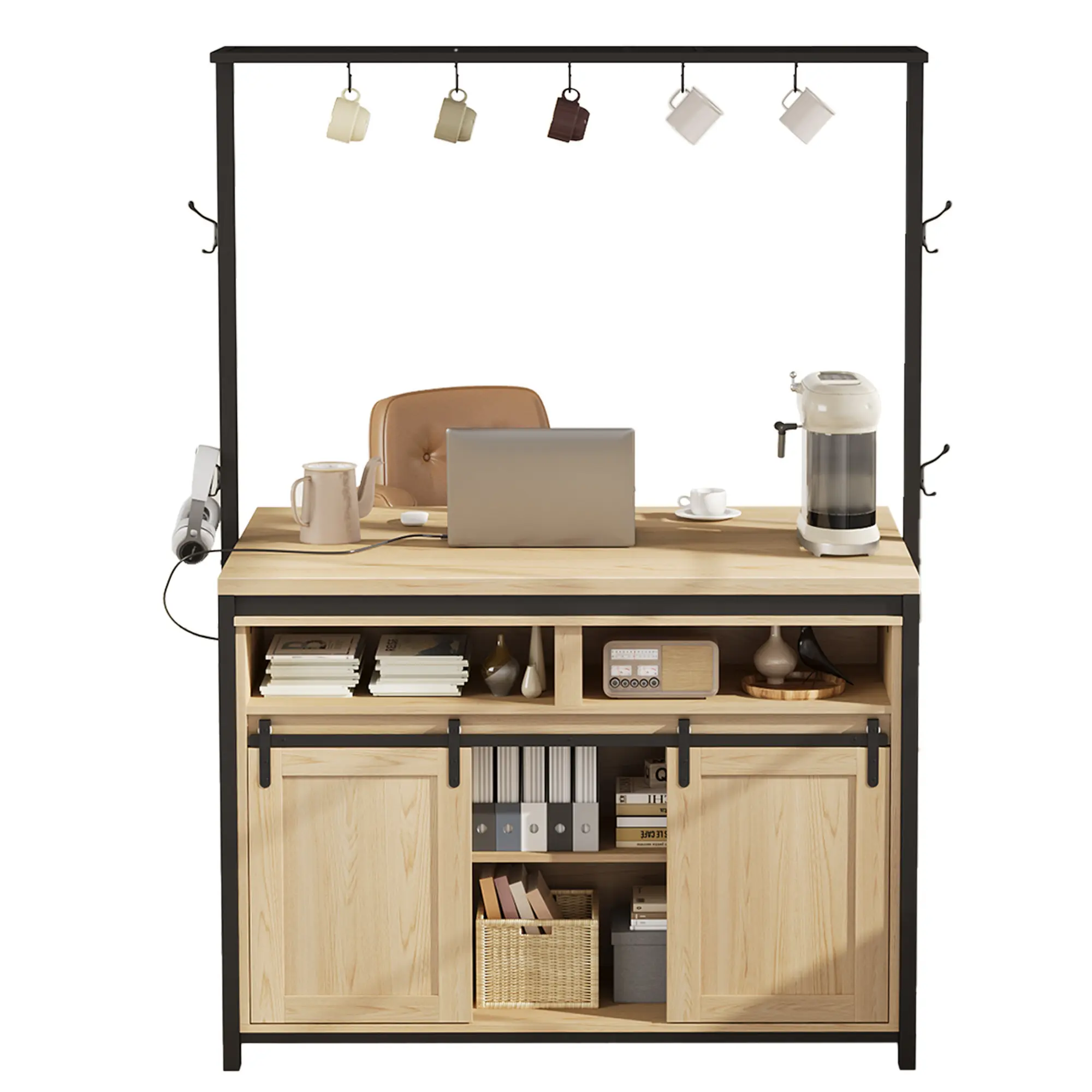Freestanding Kitchen Island Table with Storage & Charging Station, Coffee Bar Cabinet and Bakers Rack with Sliding Barn Doors, 3-Tier Shelves, Metal Frame, Hanging Hooks, Dining Worktop for Kitchen, Apartment, Small Dining Room, Natural Wood