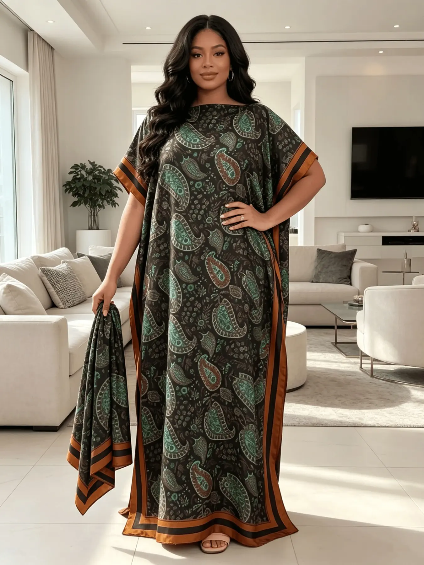 Plus Size Women's Dark Green Paisley Print Maxi Kaftan Dress with Matching Headscarf 2 Piece Set, Lightweight Breathable Loose Batwing Casual Long Dress, Beach Resort Loungewear Cover Up for Curvy Ladies