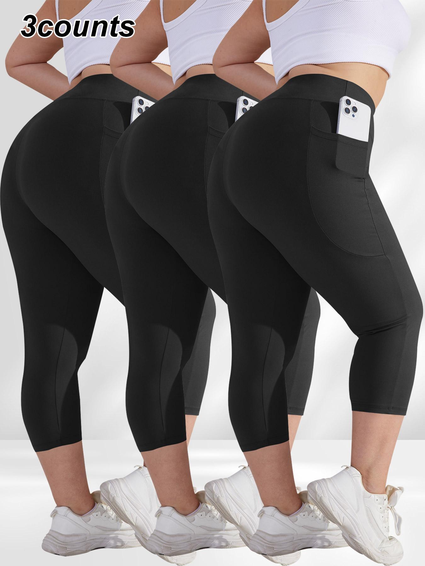 [Plus Size] Solid Color Pocket Skinny Capri Leggings, Casual Comfy Breathable High Waist Capri Leggings for Daily Wear, Women's Bottoms for Summer, Womenswear