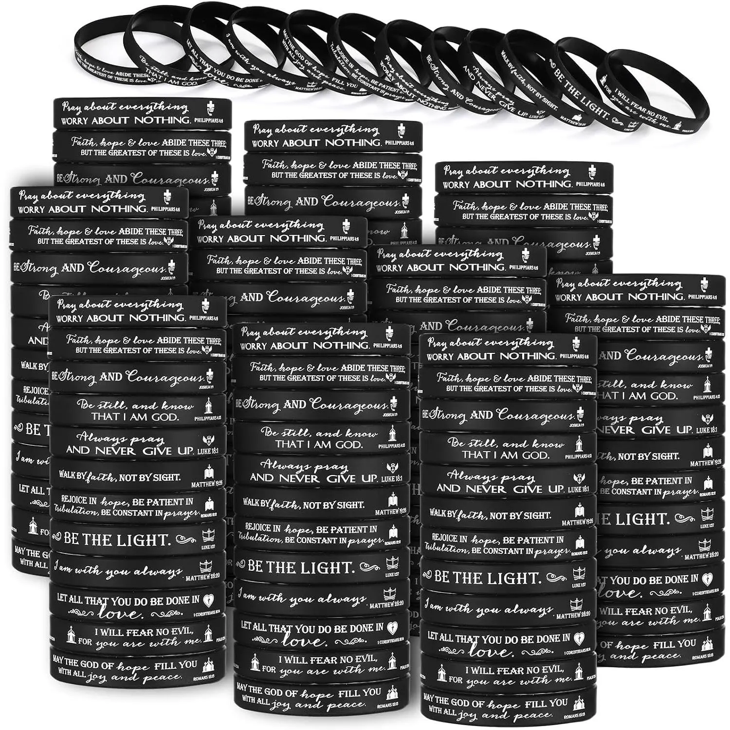 240 count  Verse Christian  Bracelets Bulk Scripture Rubber Wristbands Religious Church Gifts for Women Men Church Favors Birthday Baptism Gifts(Black)