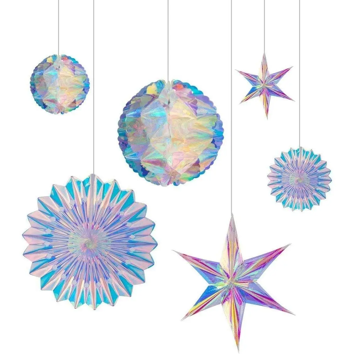 6pc Iridescent Hanging Party Decorations - Honeycomb Balls, Paper Fans, Star Ornaments for College Welcome, Reflective Ceiling Table Photo Displays, CelebrationsGift